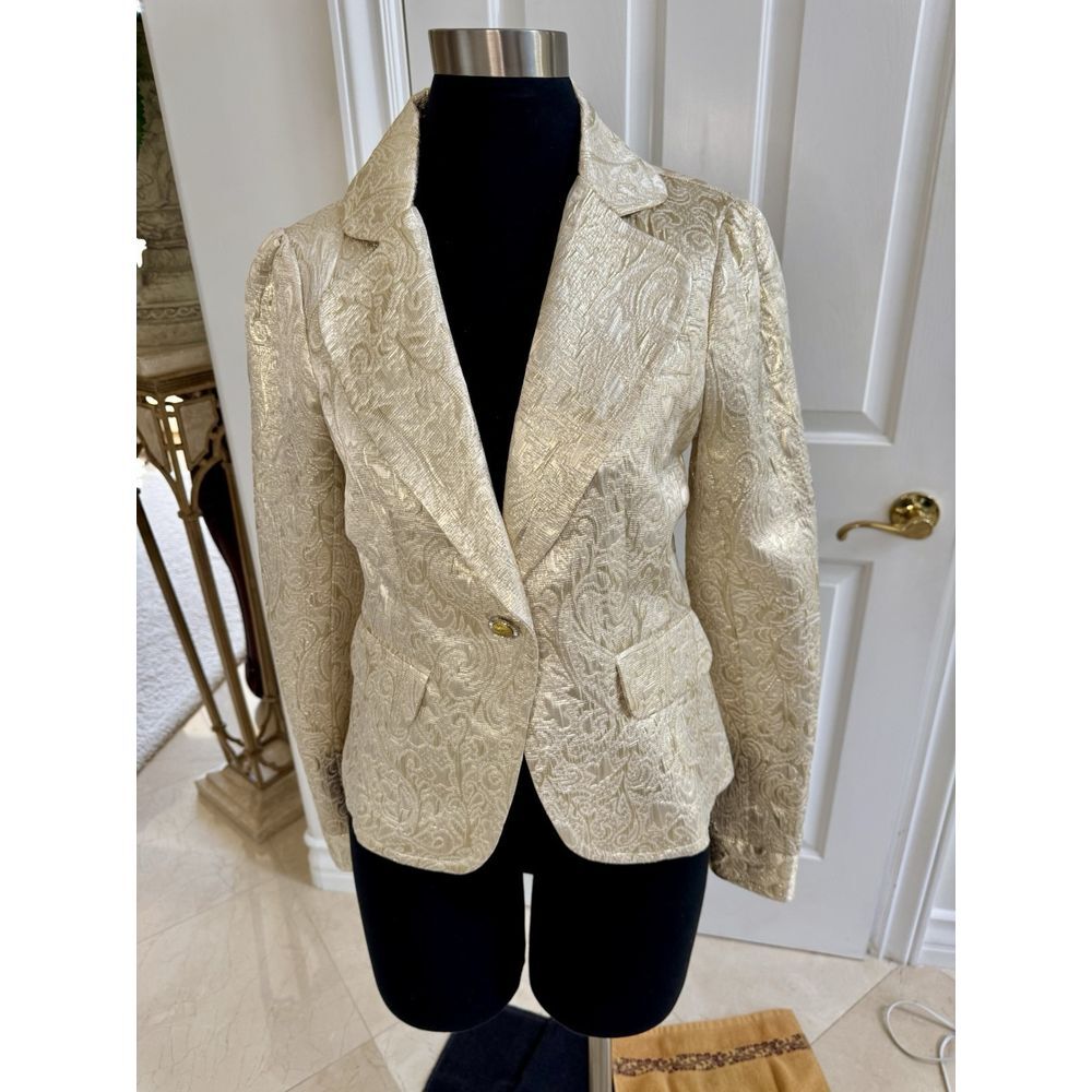 Vintage 80s Rampage Gold Brocade Womens L Glittery Gathered Shoulder‎ Blazer